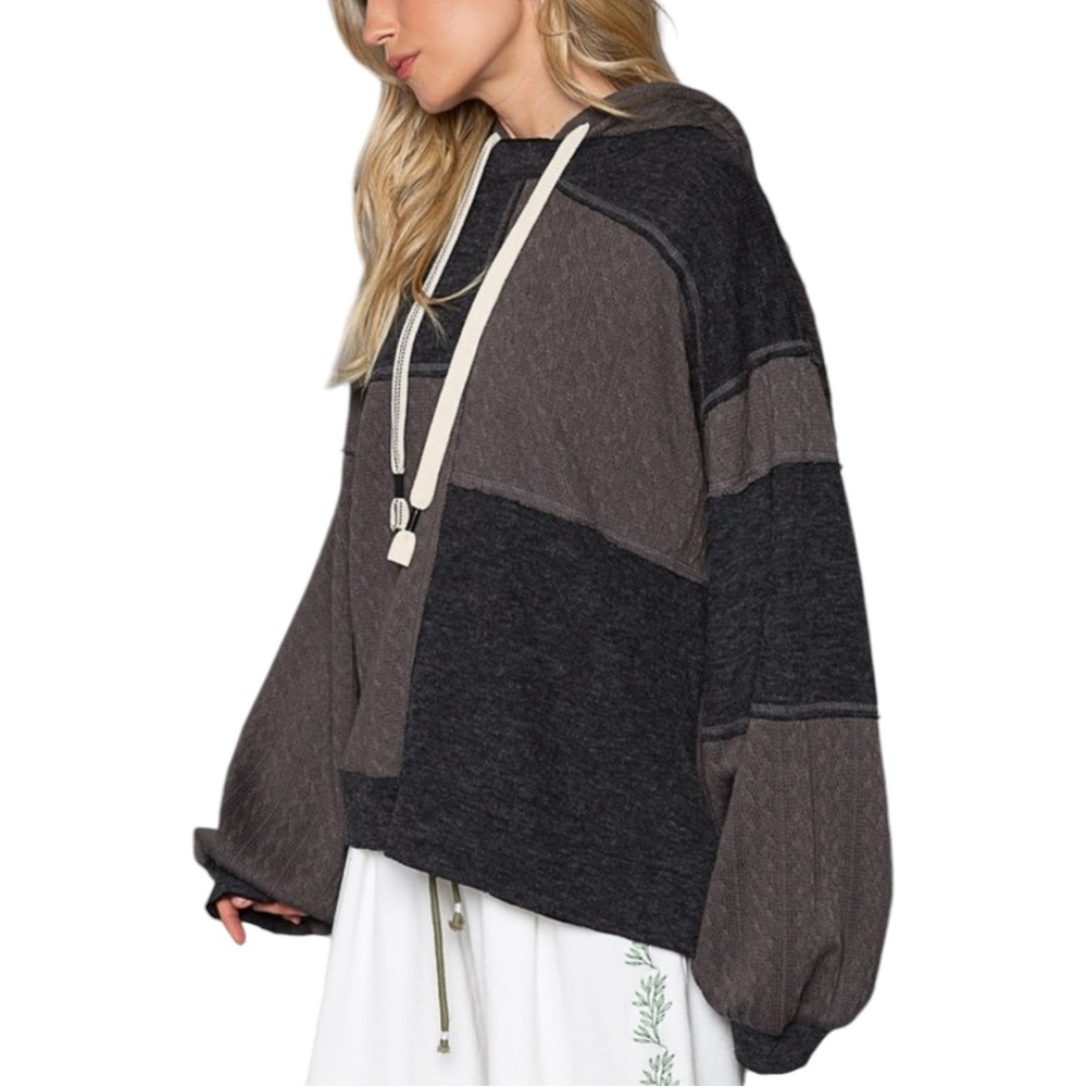 180. Black / Graphite Patchwork Oversized Hoodie NEW - Picture 3 of 4